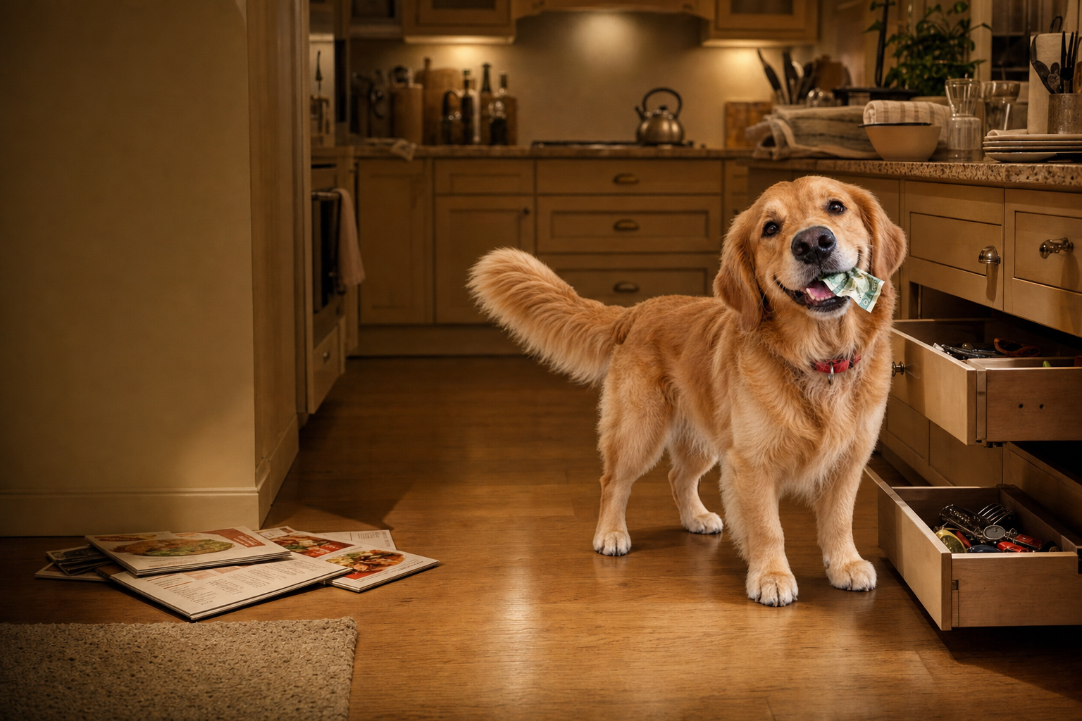 The golden retriever in the kitchen beside the open drawer, a bill in his mouth, takeaway menus scattered on the floor
